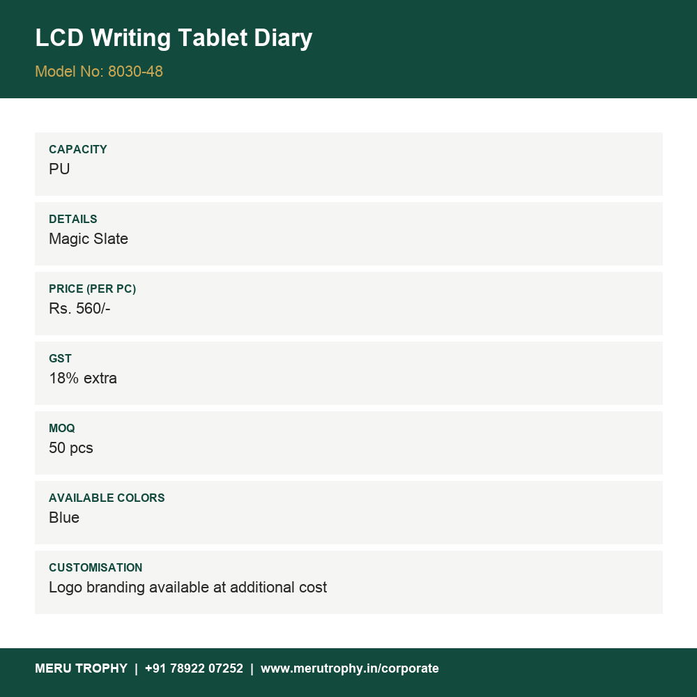 LCD Writing Tablet Diary - spec card - Meru Trophy corporate gifting