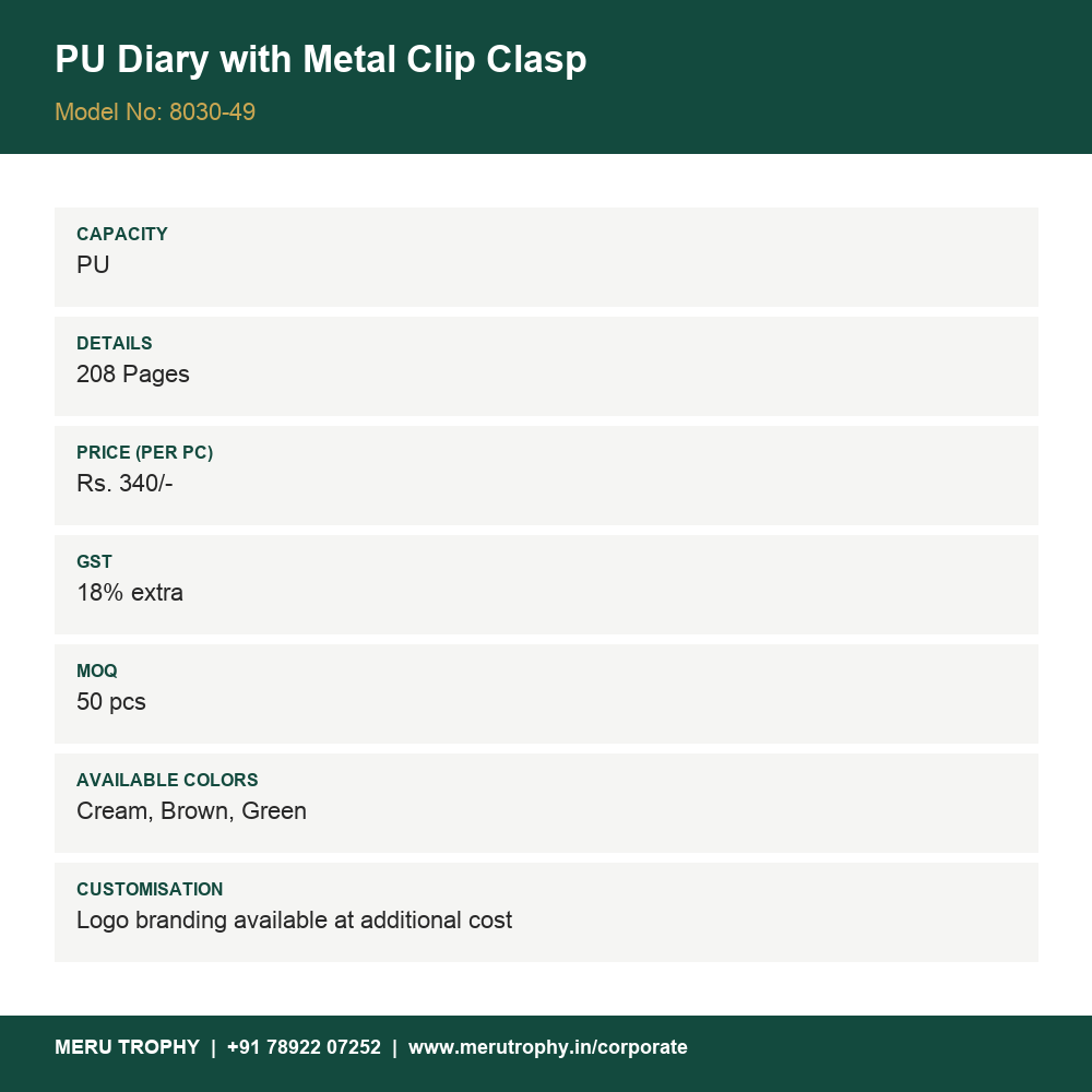 PU Diary with Metal Clip Clasp - spec card - Meru Trophy corporate gifting