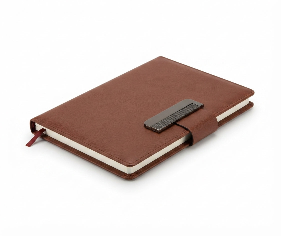 PU Diary with Metal Clip Clasp - Brown - Meru Trophy corporate gifting