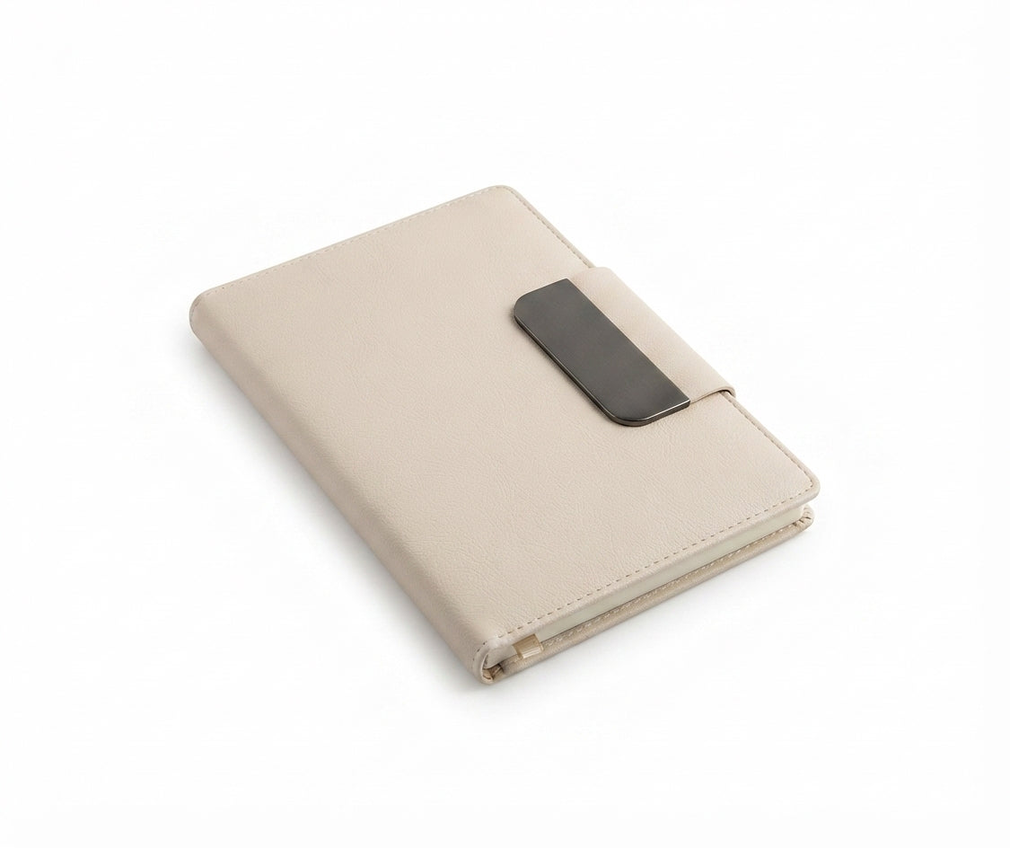 PU Diary with Metal Clip Clasp - Cream - Meru Trophy corporate gifting