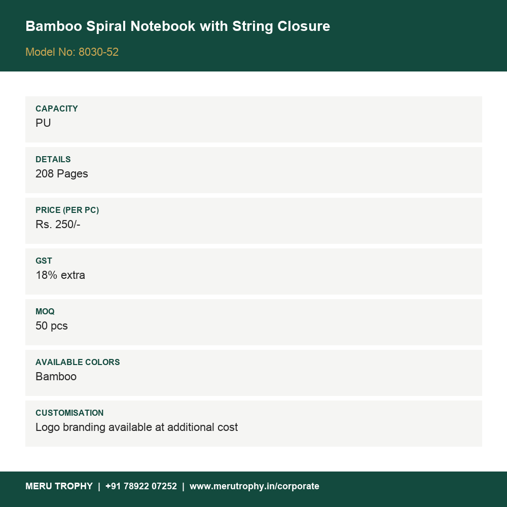 Bamboo Spiral Notebook with String Closure - spec card - Meru Trophy corporate gifting