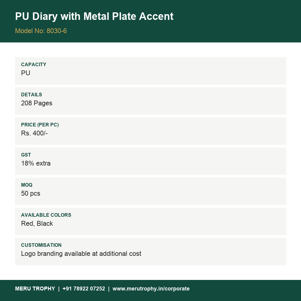 PU Diary with Metal Plate Accent - spec card - Meru Trophy corporate gifting