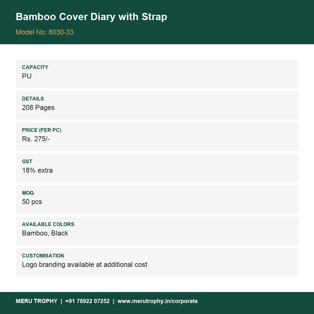 Bamboo Cover Diary with Strap - product details card - Meru Trophy corporate gifting