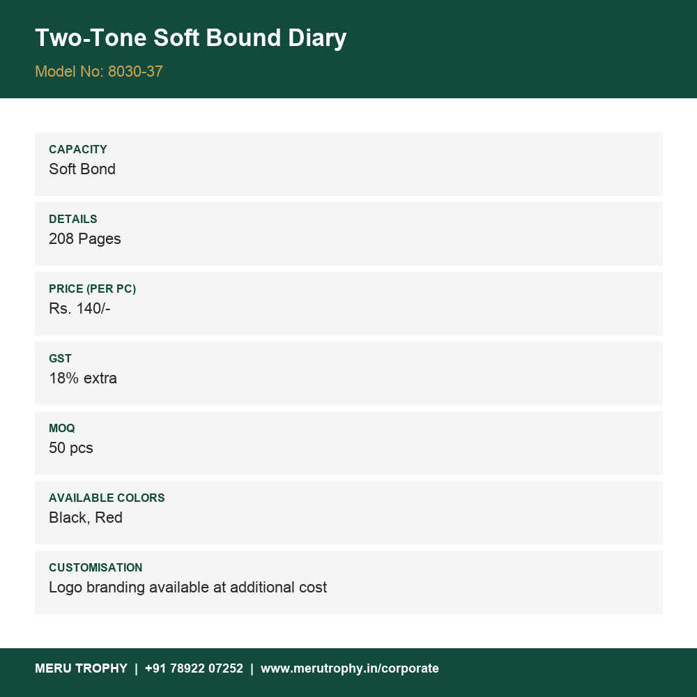Two-Tone Soft Bound Diary - product detail card - Meru Trophy corporate gifting