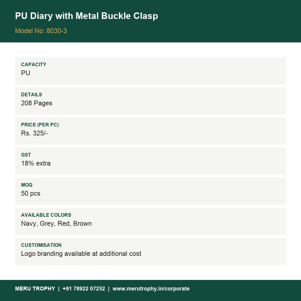 PU Diary with Metal Buckle Clasp - product spec card - Meru Trophy corporate gifting