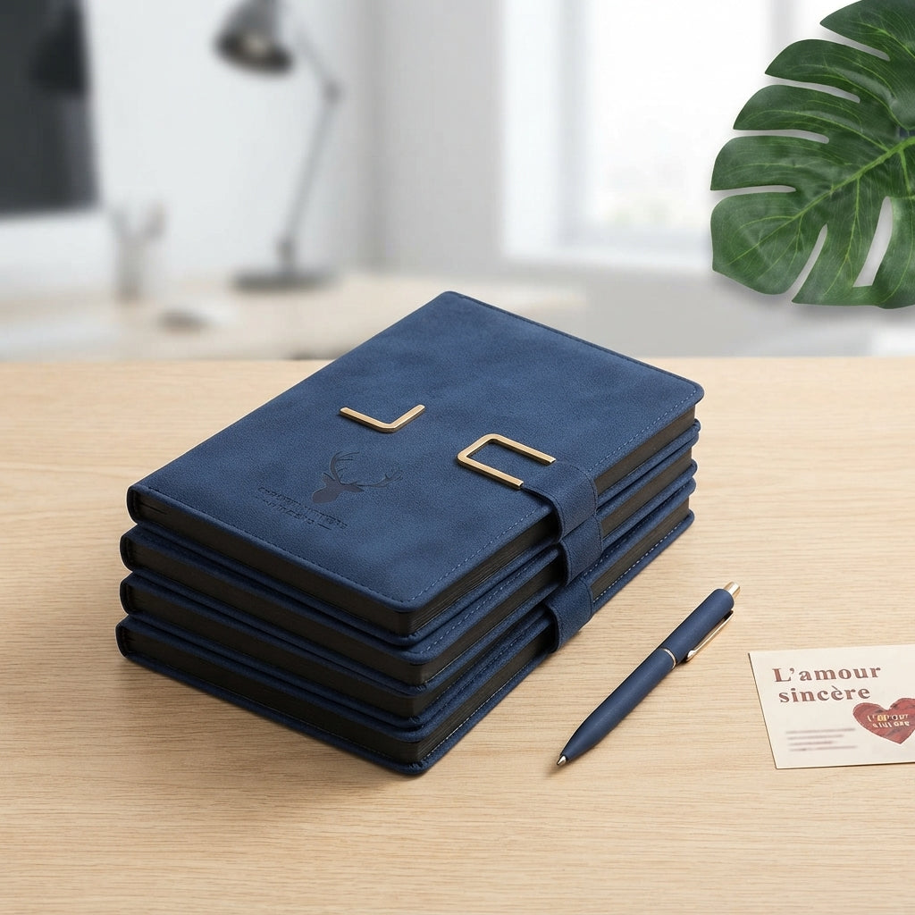 PU Diary with Metal Buckle Clasp - lifestyle desk shot - Meru Trophy corporate gifting