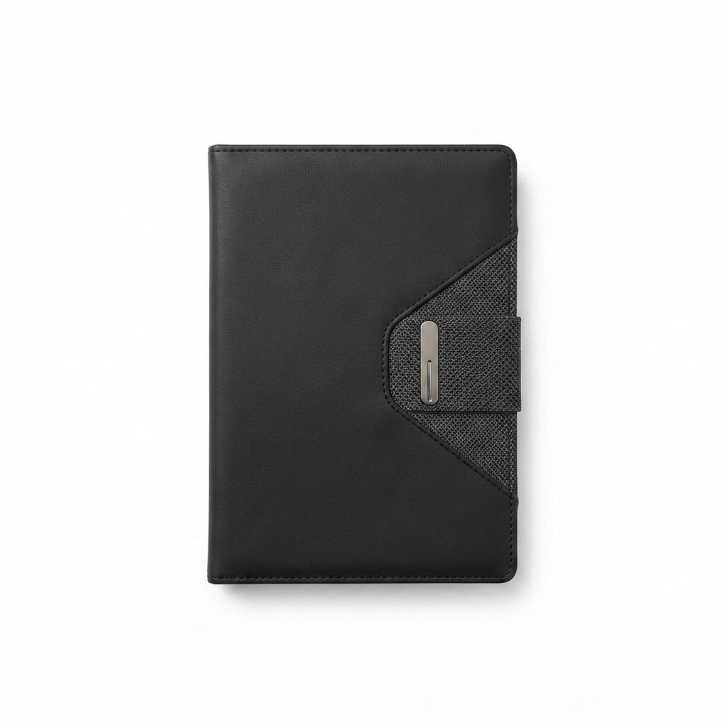 Fabric Panel PU Diary with Metal Plate - Black - Meru Trophy corporate gifting