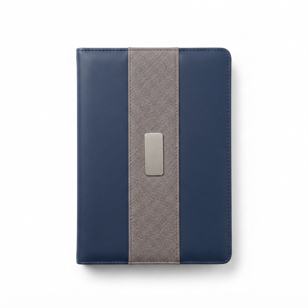Fabric Panel PU Diary with Metal Plate - Navy - Meru Trophy corporate gifting