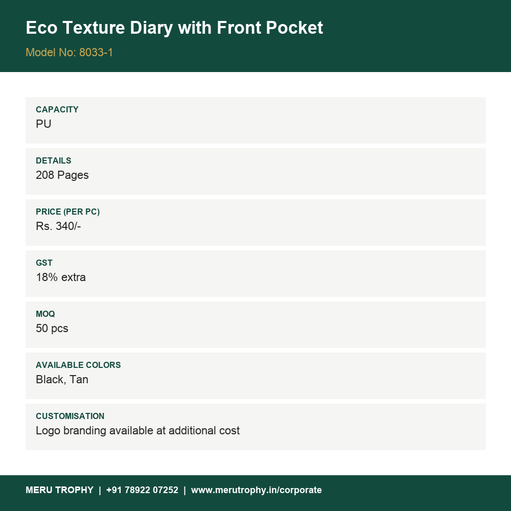 Eco Texture Diary with Front Pocket - details - Meru Trophy corporate gifting