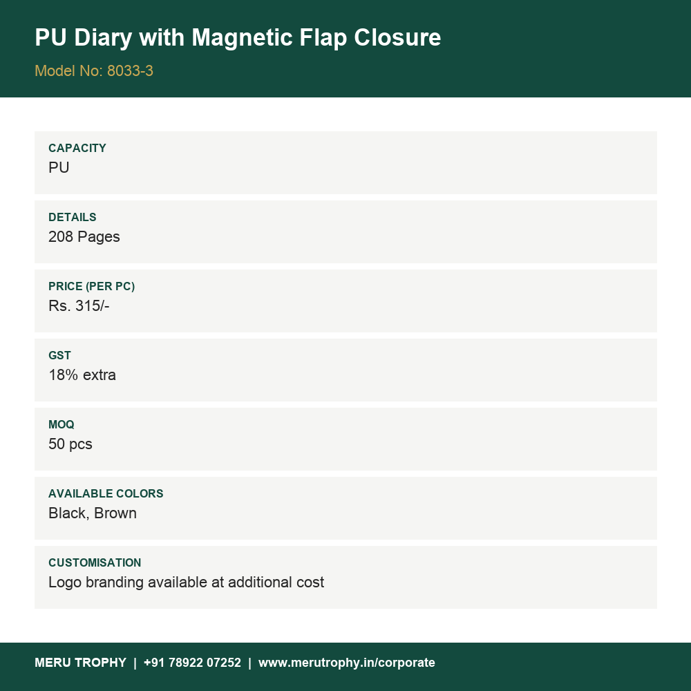 PU Diary with Magnetic Flap Closure - details - Meru Trophy corporate gifting