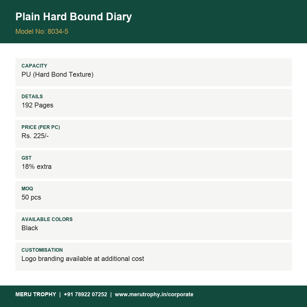 Plain Hard Bound Diary - spec sheet - Meru Trophy corporate gifting