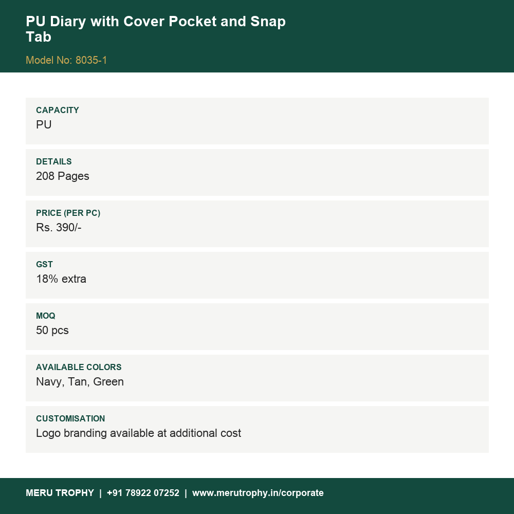PU Diary with Cover Pocket and Snap Tab - spec card - Meru Trophy corporate gifting