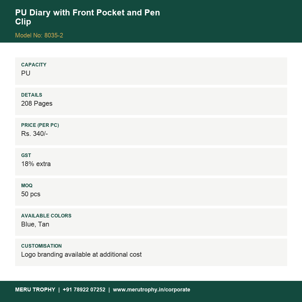 PU Diary with Front Pocket and Pen Clip - spec card - Meru Trophy corporate gifting