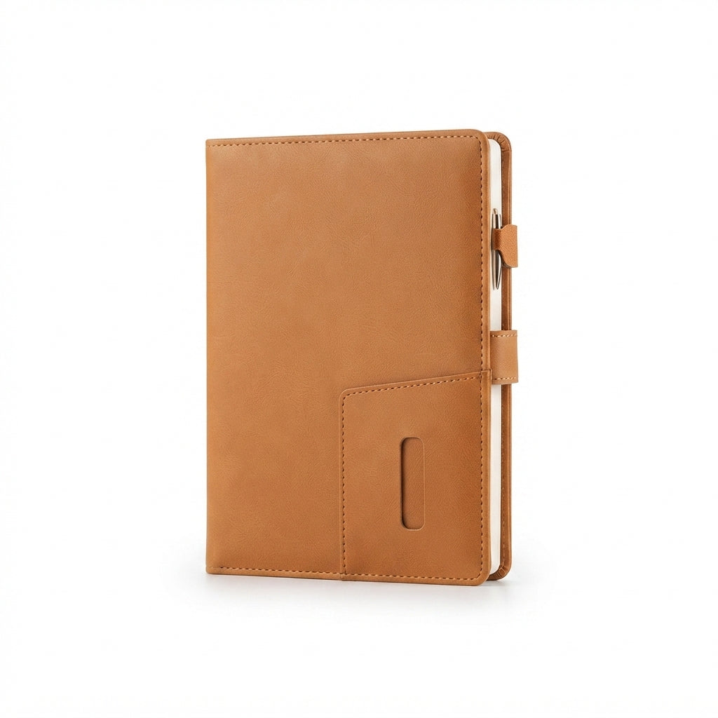 PU Diary with Front Pocket and Pen Clip - Tan - Meru Trophy corporate gifting