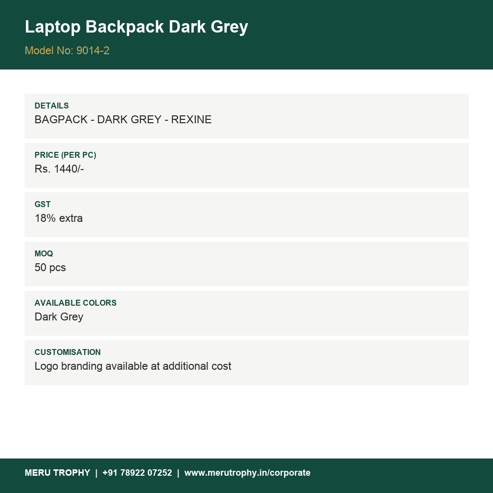 Laptop Backpack Dark Grey - spec card - Meru Trophy corporate gifting
