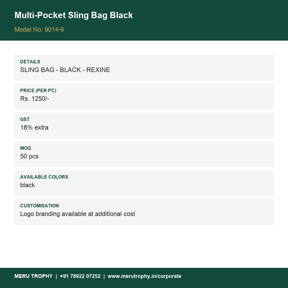 Multi-Pocket Sling Bag Black - details - Meru Trophy corporate gifting