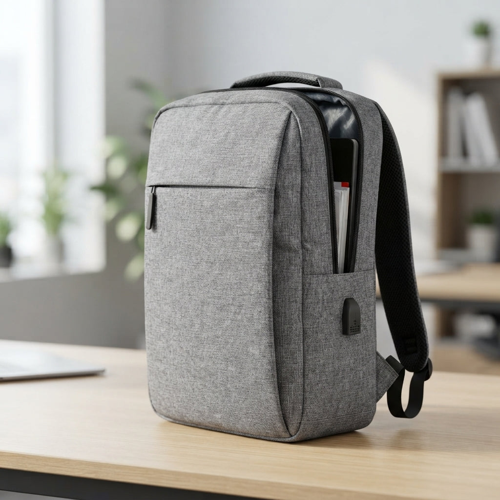 Laptop Backpack Light Grey - lifestyle desk shot - Meru Trophy corporate gifting