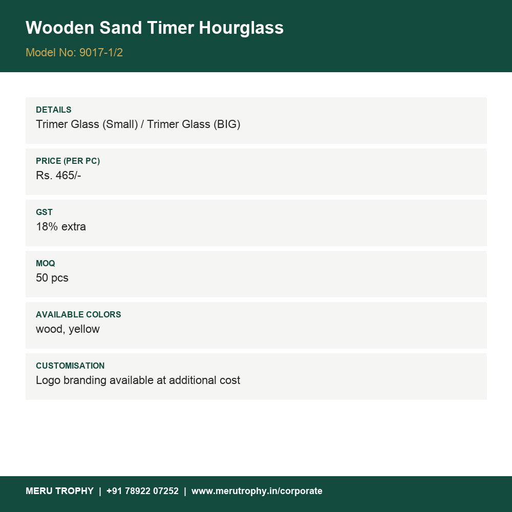 Wooden Sand Timer Hourglass - spec card - Meru Trophy corporate gifting
