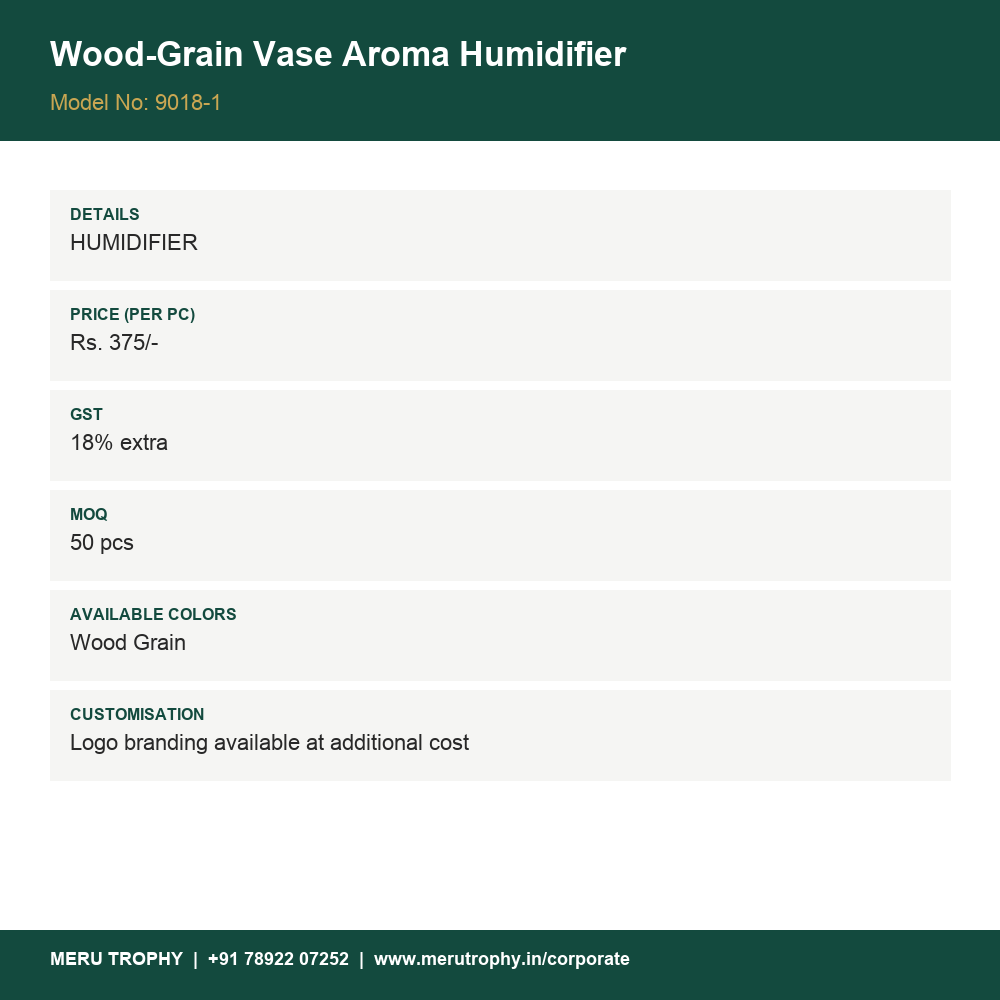 Wood-Grain Vase Aroma Humidifier - spec card - Meru Trophy corporate gifting