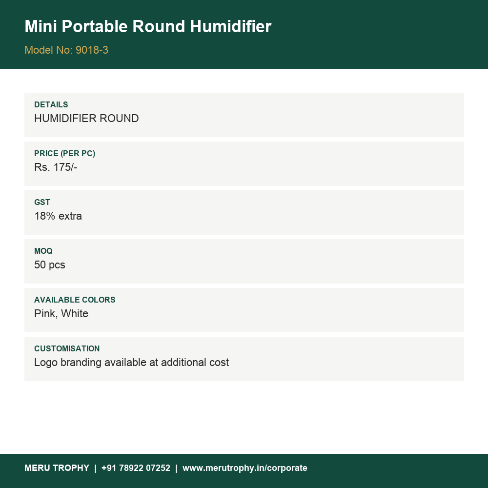 Mini Portable Round Humidifier - spec card - Meru Trophy corporate gifting
