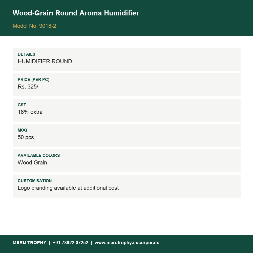 Wood-Grain Round Aroma Humidifier - product spec card - Meru Trophy corporate gifting
