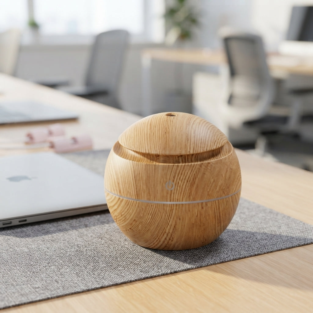 Wood-Grain Round Aroma Humidifier - lifestyle desk shot - Meru Trophy corporate gifting