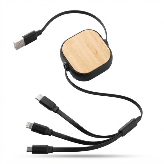 Bamboo Retractable Multi-Charging USB Cable - Bamboo - Meru Trophy corporate gifting