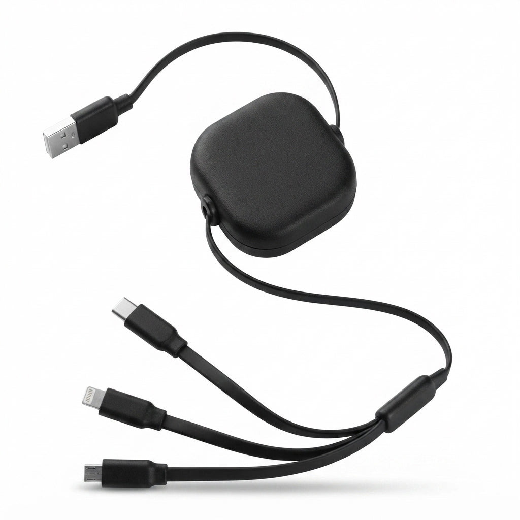 Bamboo Retractable Multi-Charging USB Cable - Black - Meru Trophy corporate gifting