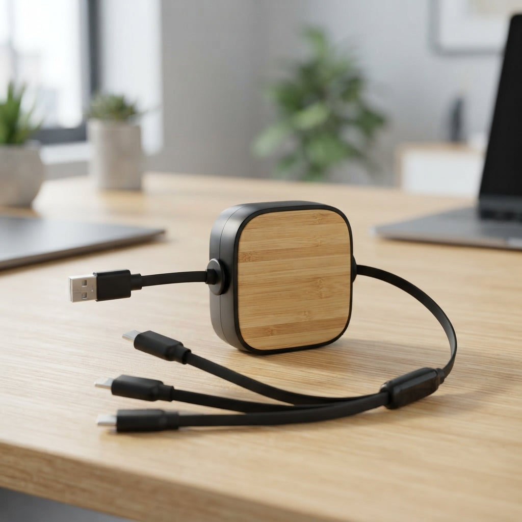Bamboo Retractable Multi-Charging USB Cable - lifestyle - Meru Trophy corporate gifting