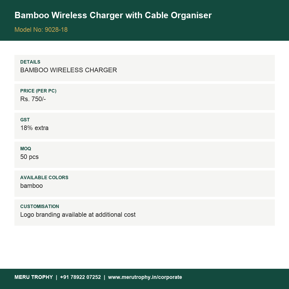 Bamboo Wireless Charger with Cable Organiser - product details card - Meru Trophy corporate gifting