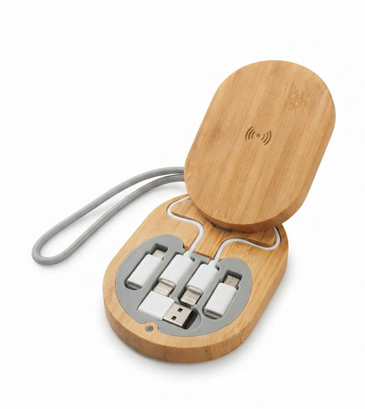 Bamboo Wireless Charger with Cable Organiser - Bamboo - Meru Trophy corporate gifting