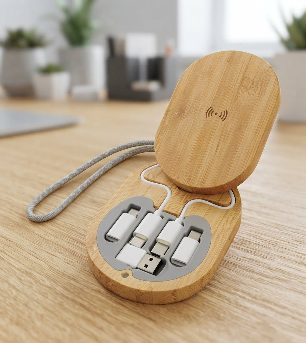 Bamboo Wireless Charger with Cable Organiser - lifestyle desk shot - Meru Trophy corporate gifting
