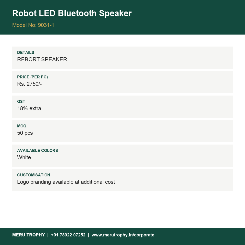 Robot LED Bluetooth Speaker - product detail card - Meru Trophy corporate gifting