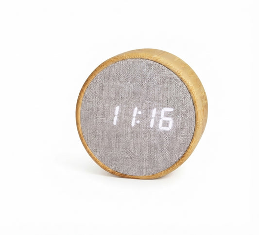 Bamboo Round Digital Clock with Fabric Face - Bamboo - Meru Trophy corporate gifting