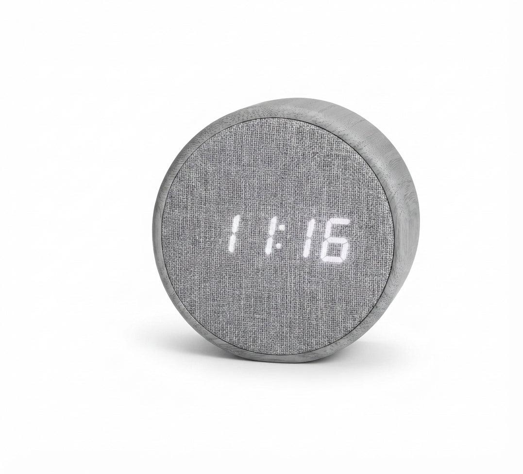 Bamboo Round Digital Clock with Fabric Face - Grey - Meru Trophy corporate gifting