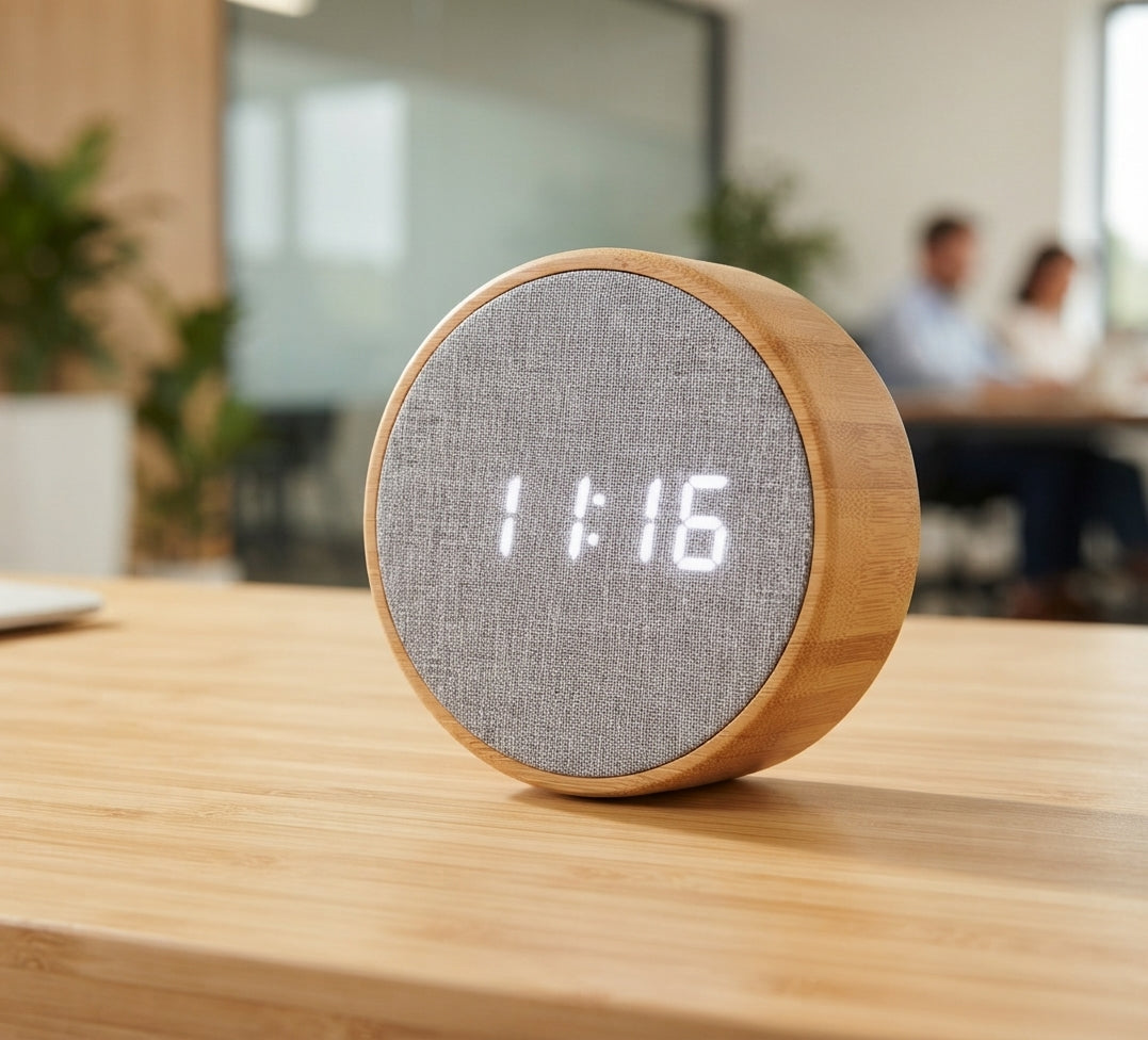Bamboo Round Digital Clock with Fabric Face - lifestyle - Meru Trophy corporate gifting