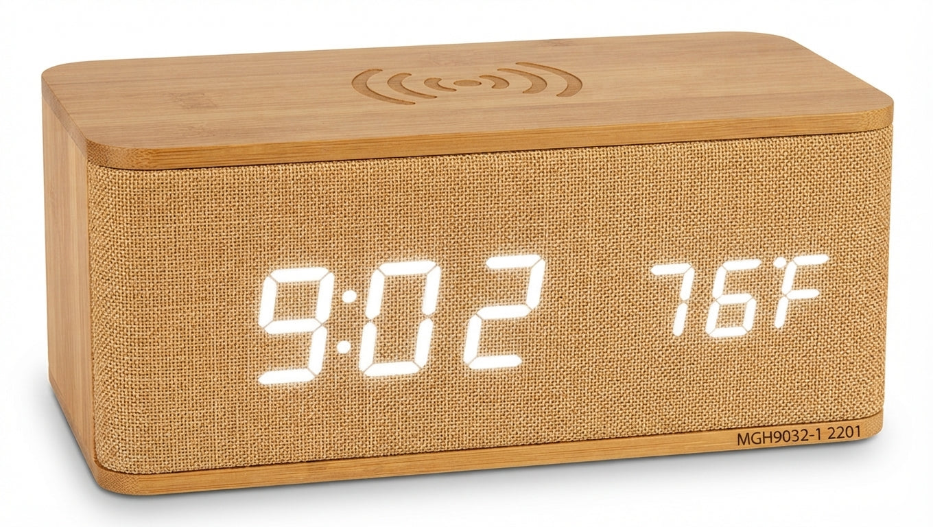 Bamboo Digital Clock with Wireless Charging and Fabric Face - Bamboo - Meru Trophy corporate gifting