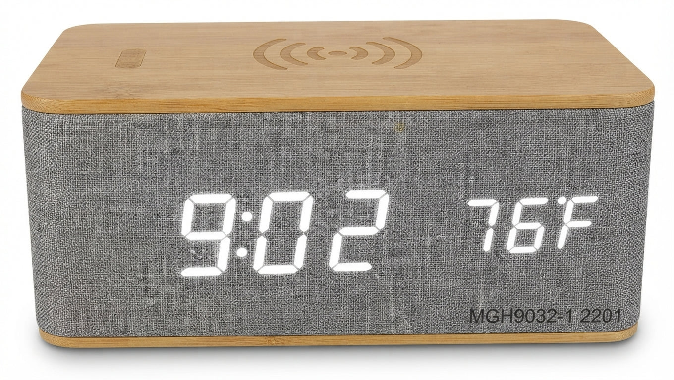 Bamboo Digital Clock with Wireless Charging and Fabric Face - Grey - Meru Trophy corporate gifting