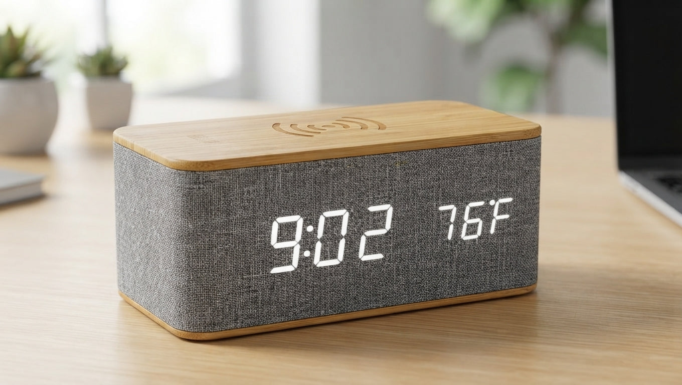 Bamboo Digital Clock with Wireless Charging and Fabric Face - lifestyle - Meru Trophy corporate gifting