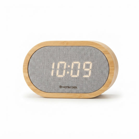 Bamboo Oval Digital Clock with Fabric Face - Bamboo - Meru Trophy corporate gifting