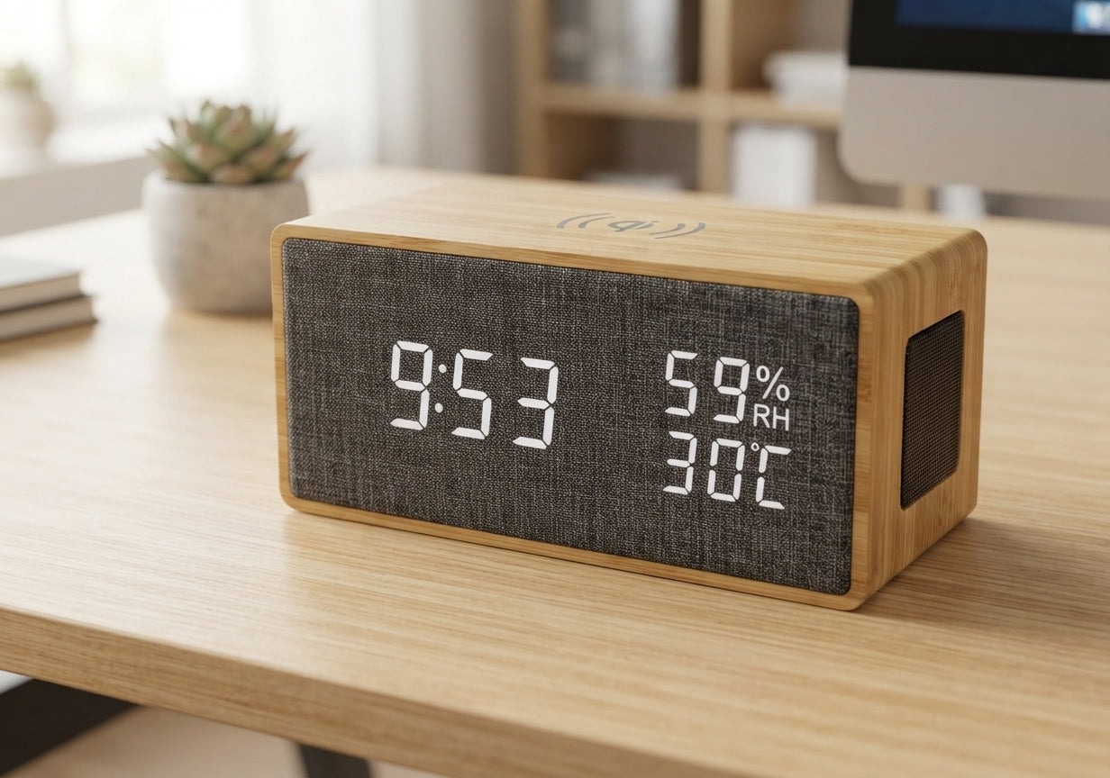 Bamboo Rectangular Digital Clock with Speaker Grille - lifestyle - Meru Trophy corporate gifting