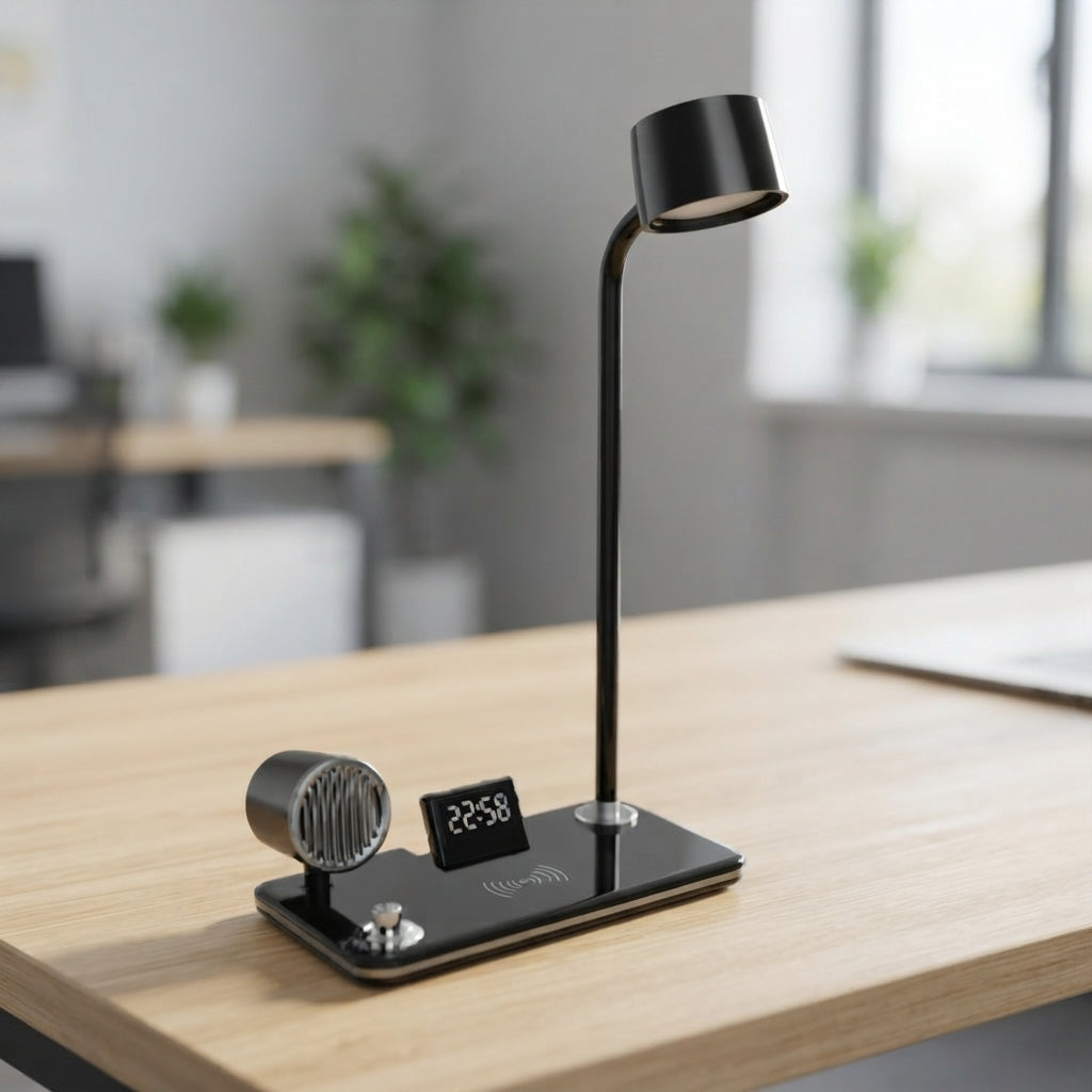 Desk Lamp with 3-in-1 Wireless Charger and Clock - lifestyle - Meru Trophy corporate gifting