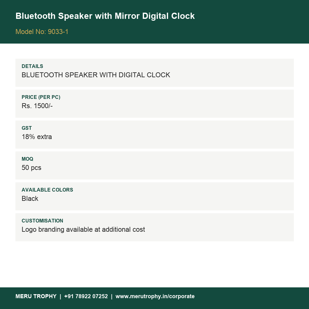 Bluetooth Speaker with Mirror Digital Clock - product detail card - Meru Trophy corporate gifting
