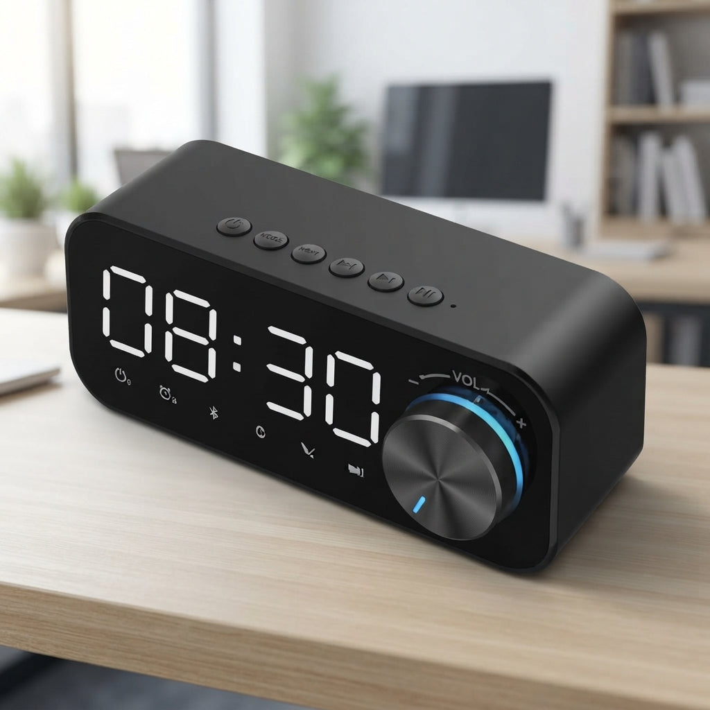 Bluetooth Speaker with Mirror Digital Clock - lifestyle desk shot - Meru Trophy corporate gifting