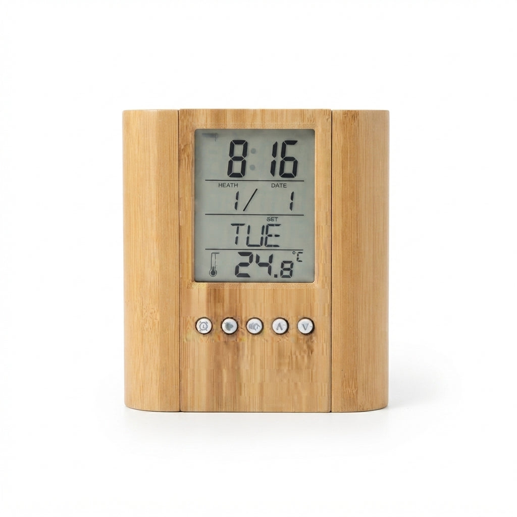 Bamboo Digital Clock with Pen Holder - Bamboo - Meru Trophy corporate gifting