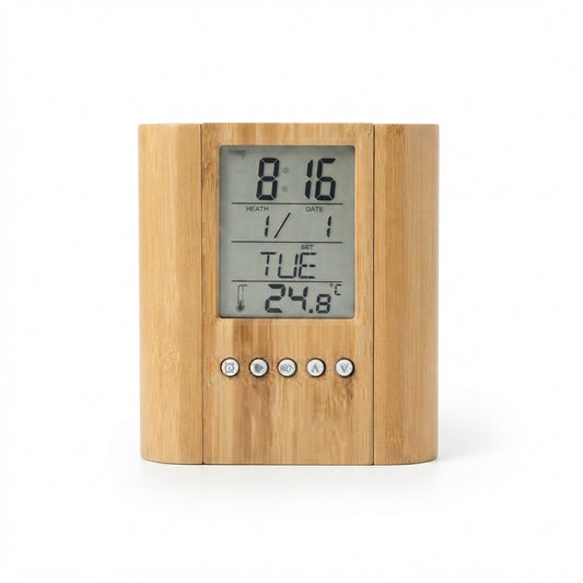 Bamboo Digital Clock with Pen Holder - Bamboo - Meru Trophy corporate gifting