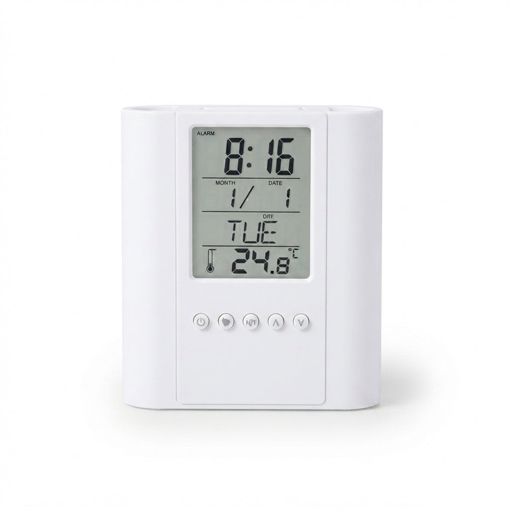 Bamboo Digital Clock with Pen Holder - White - Meru Trophy corporate gifting