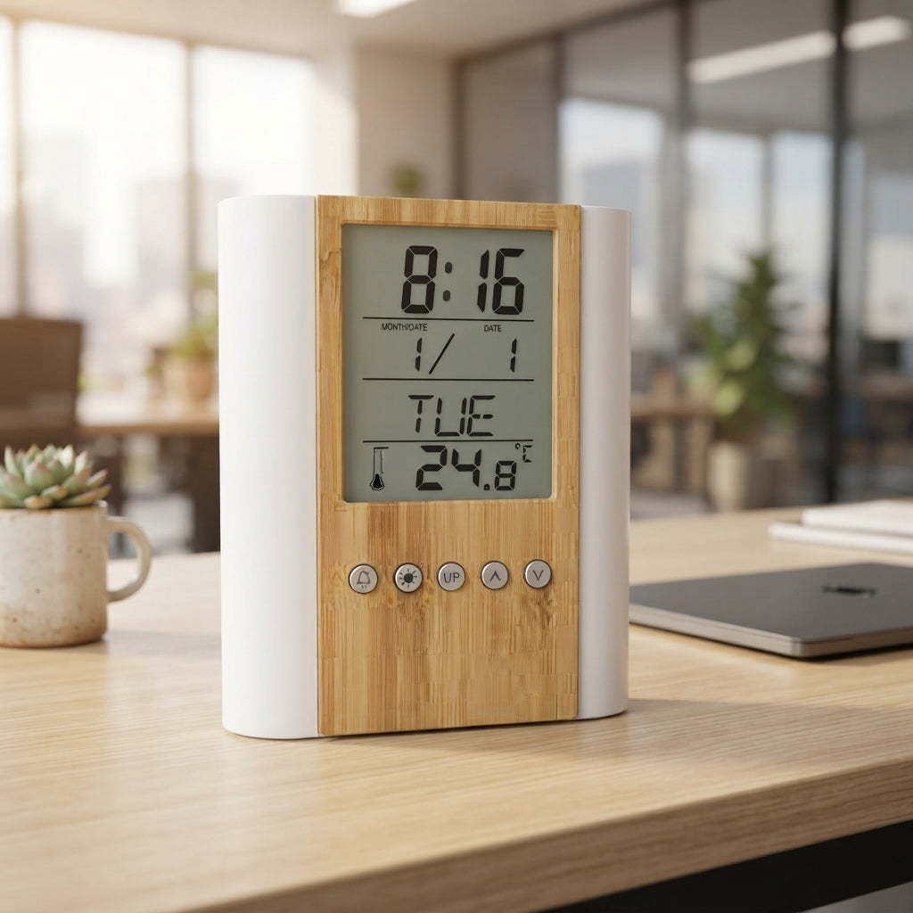 Bamboo Digital Clock with Pen Holder - lifestyle desk shot - Meru Trophy corporate gifting
