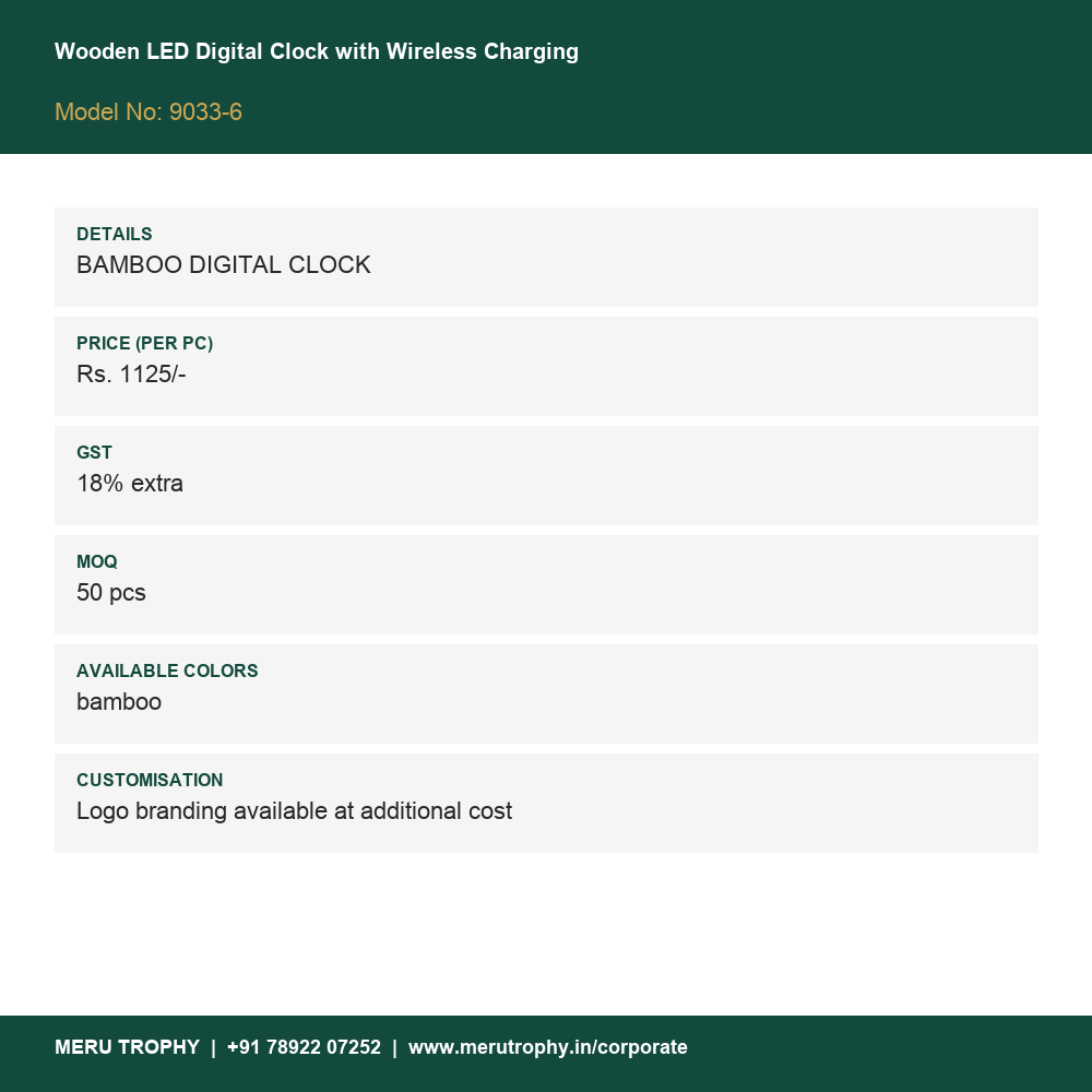 Wooden LED Digital Clock with Wireless Charging - product specification card - Meru Trophy corporate gifting