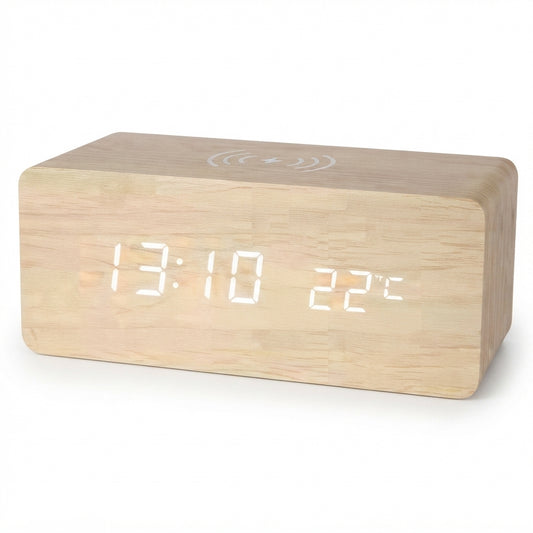 Wooden LED Digital Clock with Wireless Charging - Bamboo - Meru Trophy corporate gifting